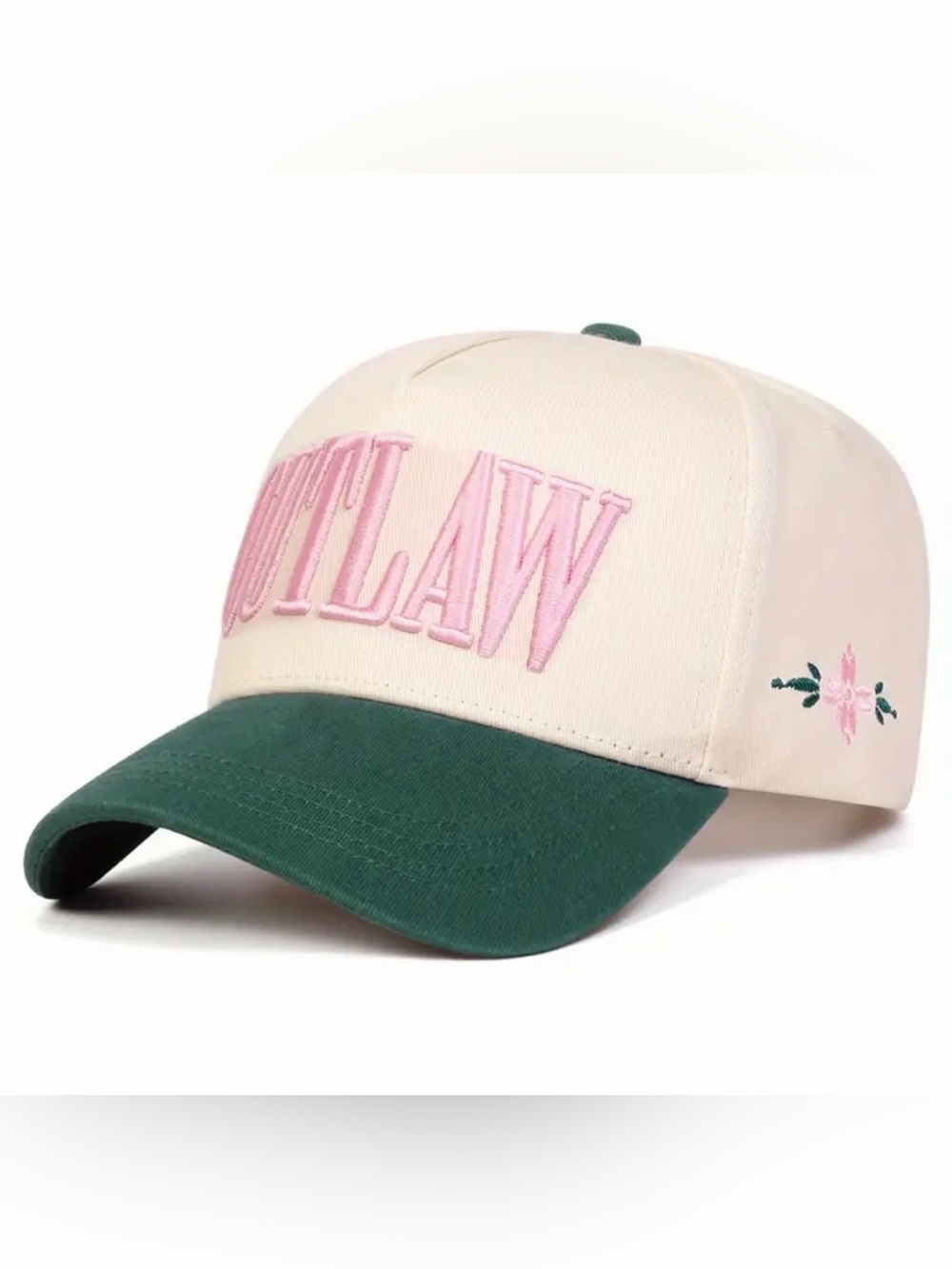 Embroidered 'OUTLAW' Baseball Cap in Cream & Forest Green